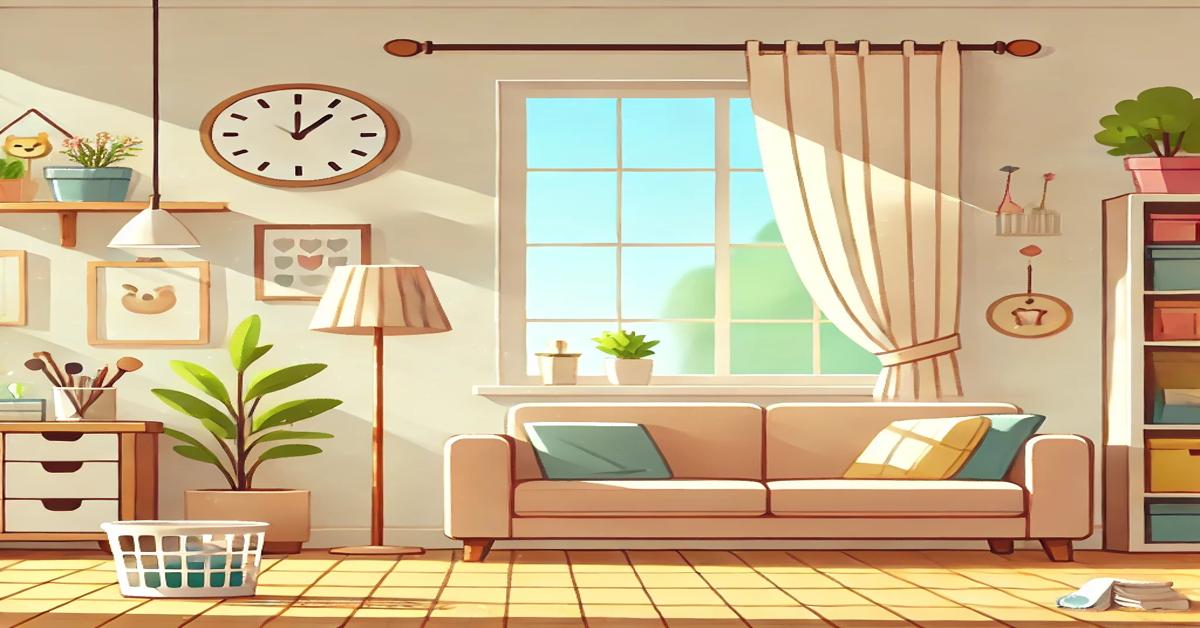 Animated illustration of a tidy, organized living room with natural light, minimal clutter, and a comfortable sofa. The bright and playful design emphasizes cleanliness and order, perfect for motivating a clean and peaceful home environment.