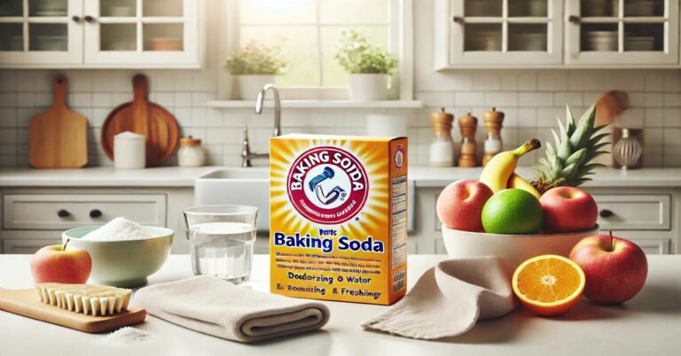 A bright and welcoming kitchen scene featuring a box of baking soda on a clean countertop, surrounded by a cloth, a bowl of water, and fresh fruits, illustrating the versatile uses of baking soda for cleaning, deodorizing, and personal care.