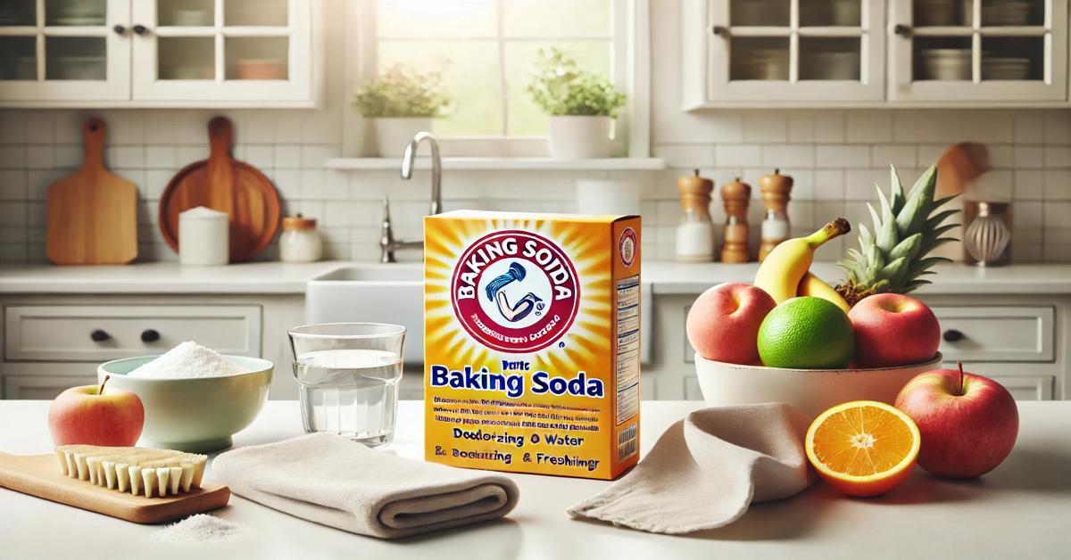 A bright and welcoming kitchen scene featuring a box of baking soda on a clean countertop, surrounded by a cloth, a bowl of water, and fresh fruits, illustrating the versatile uses of baking soda for cleaning, deodorizing, and personal care.