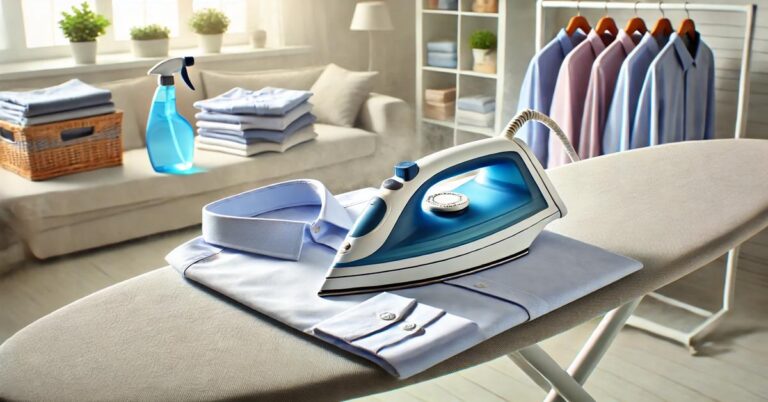 Bright ironing area with a shirt being ironed on a padded ironing board, surrounded by an iron, spray bottle, and freshly ironed shirts.