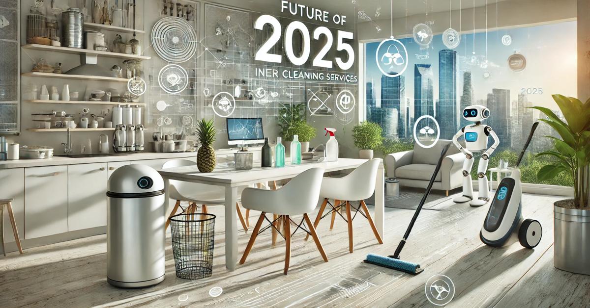 A modern, clean office or home environment representing the future of cleaning services in 2025, featuring cleaning equipment, eco-friendly products, and advanced technology like automated cleaning robots.