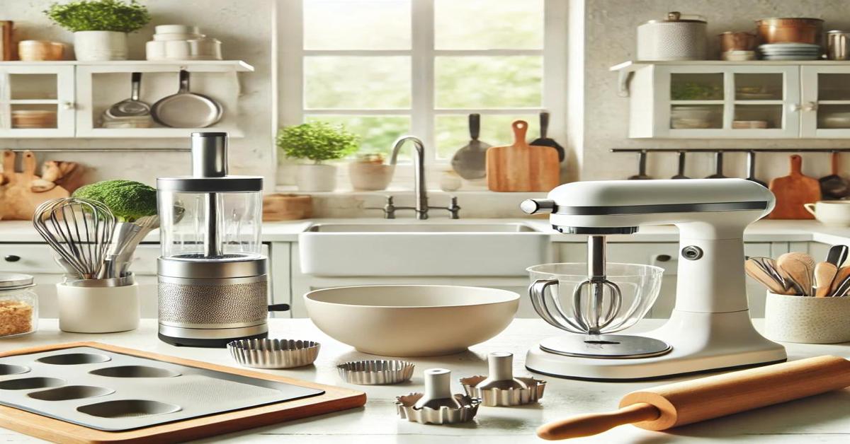 Bright, inviting kitchen with modern kitchen gadgets like a vegetable chopper, silicone baking mats, immersion blender, and garlic press, organized and well-lit with natural light.