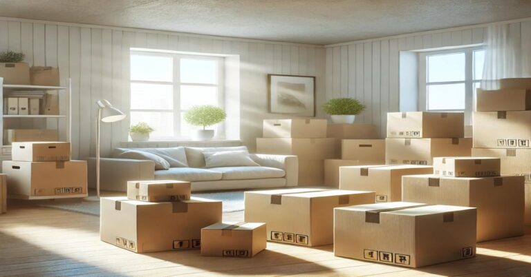 A clean, organized room with labeled moving boxes, ready for transport. The natural sunlight highlights a stress-free and well-prepared moving day.