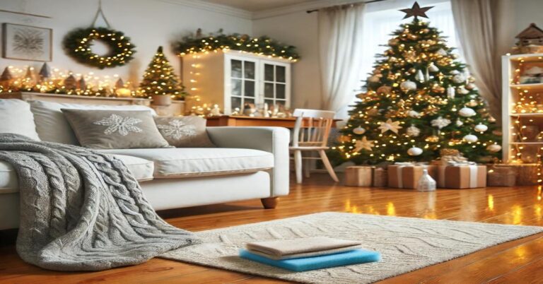 A cozy, clean living room decorated for Christmas with holiday decor, a Christmas tree, and festive lights, creating a warm and welcoming holiday atmosphere.