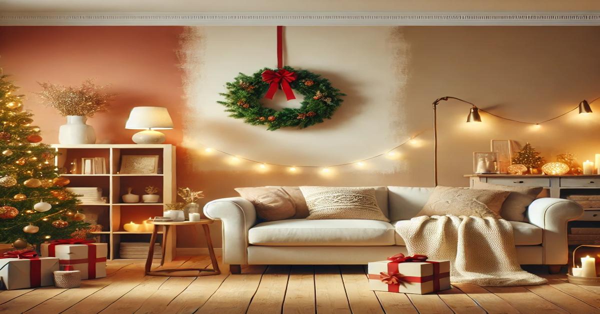 A warm, inviting living room decorated for Christmas, featuring a freshly painted wall and clean, organized space with holiday decor and a Christmas tree.