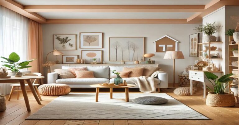 A modern, cozy living room with freshly painted walls in soft, inviting colors, featuring organized decor and natural lighting for a warm atmosphere.