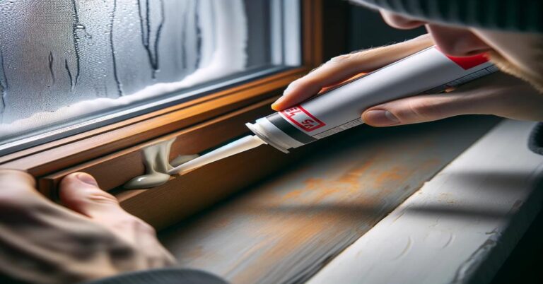 A close-up of a person sealing a window frame with caulk to prevent drafts and improve energy efficiency before winter.
