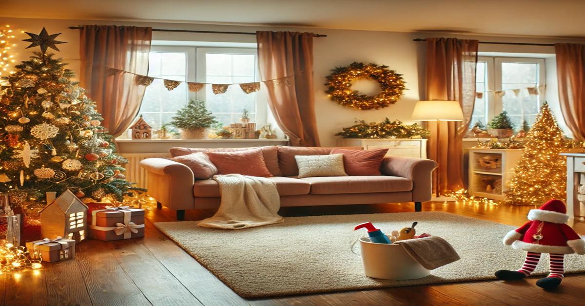 A cozy, beautifully clean living room decorated for Christmas with festive lights, a Christmas tree, and spotless surfaces, creating a welcoming holiday atmosphere.