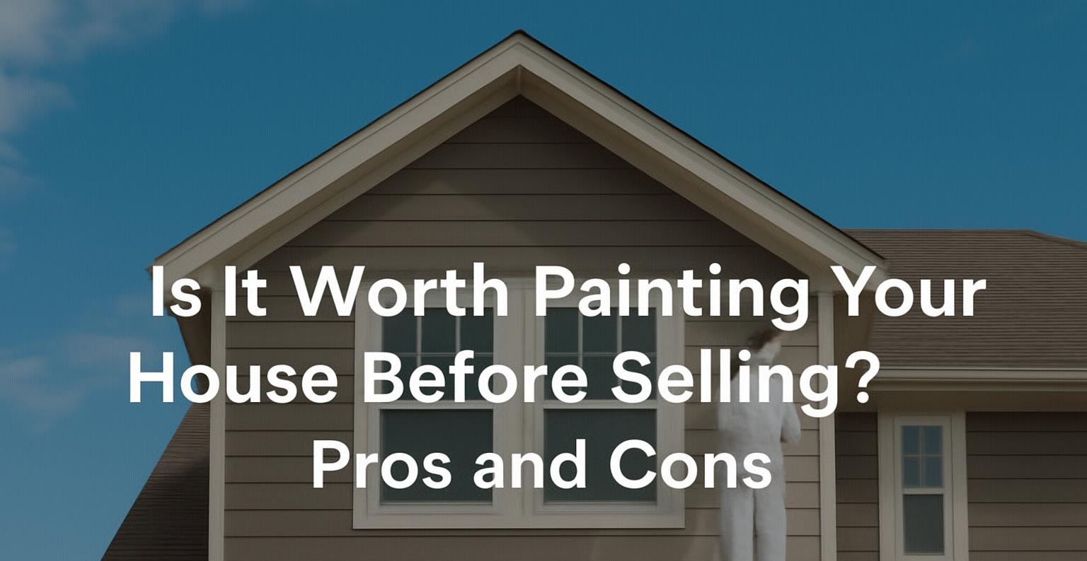 Painter working on a house exterior with blog title overlay, clear blue sky in background