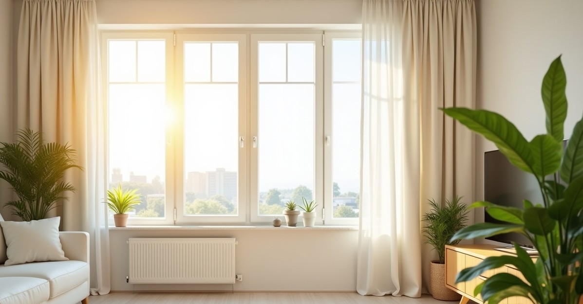 Fresh and clean living room with sunlight, open windows, and tidy décor representing a healthy and inviting home environment