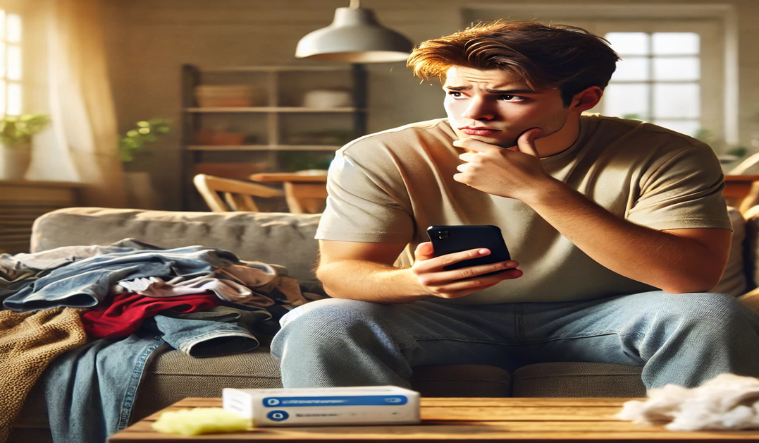 A young homeowner sitting on a sofa in a messy living room, looking at their phone with a hesitant expression. The phone screen displays a cleaning service website, but they seem unsure about booking. The room has scattered clothes, dusty surfaces, and an unorganized coffee table.